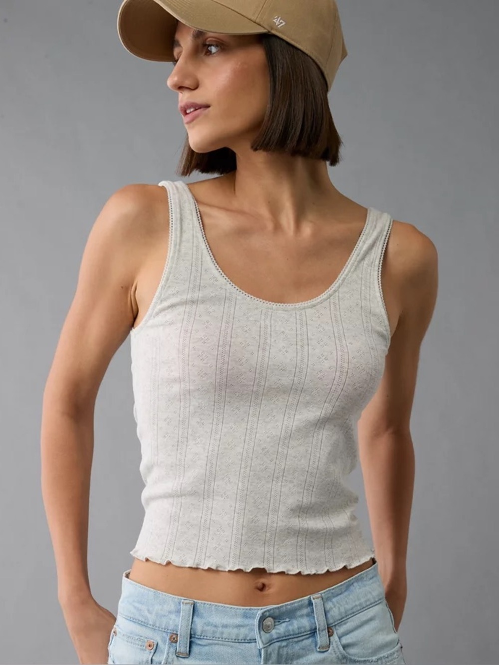 American Eagle pointelle tank top lettuce hem ribbed ruffle scoop neck cotton